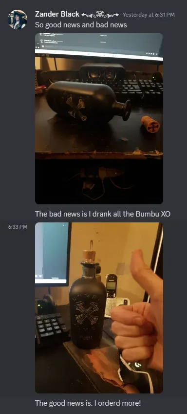 A two-part meme shows a bottle of Bumbu XO rum lying empty on a desk with its cork beside it, then a hand giving a thumbs-up…