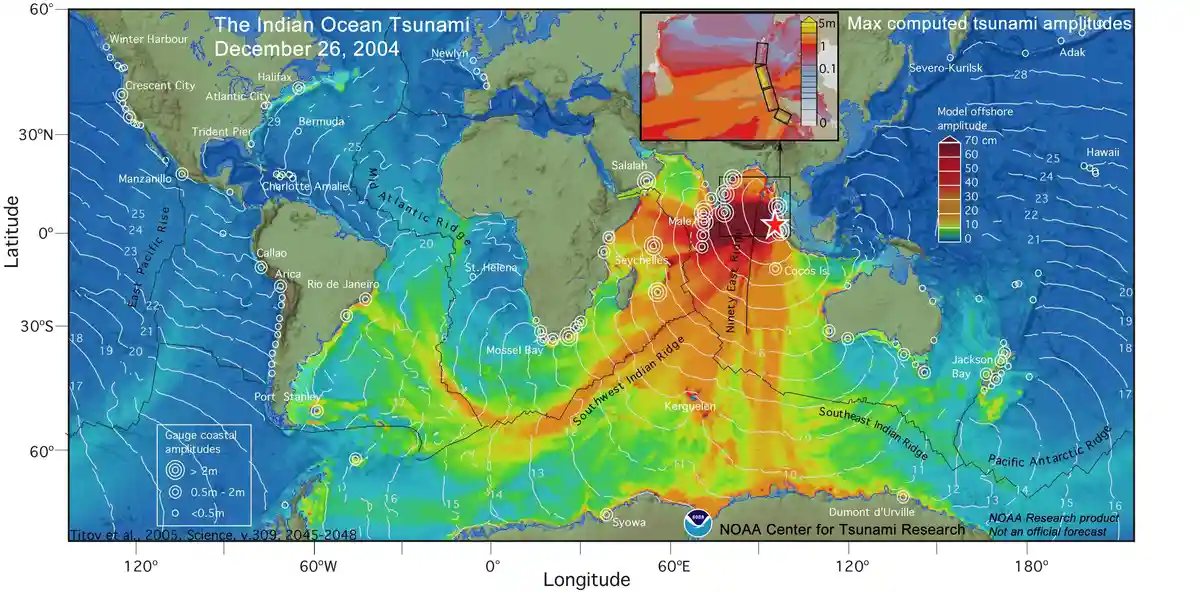 A scientific map showing the maximum computed tsunami amplitudes from the December 26, 2004 Indian Ocean tsunami, with color…