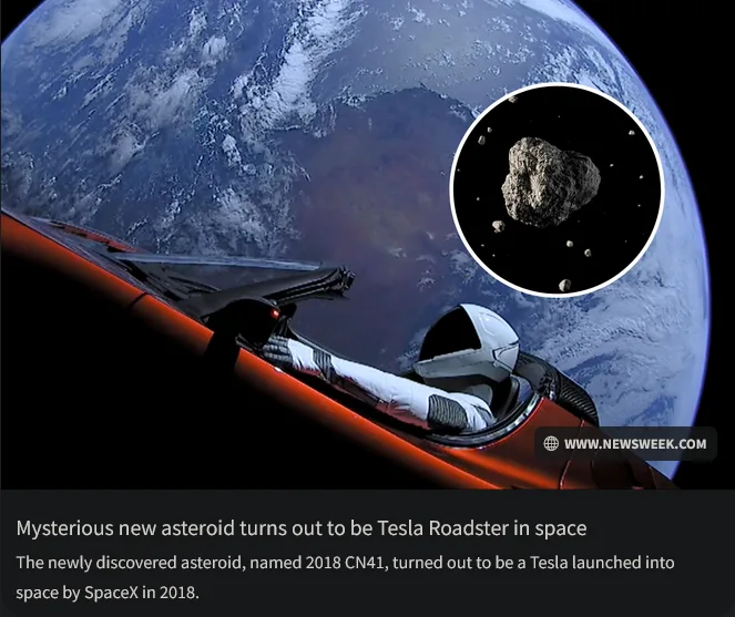 A person in a white spacesuit sits in the driver's seat of a red Tesla Roadster, which is floating in space with Earth…