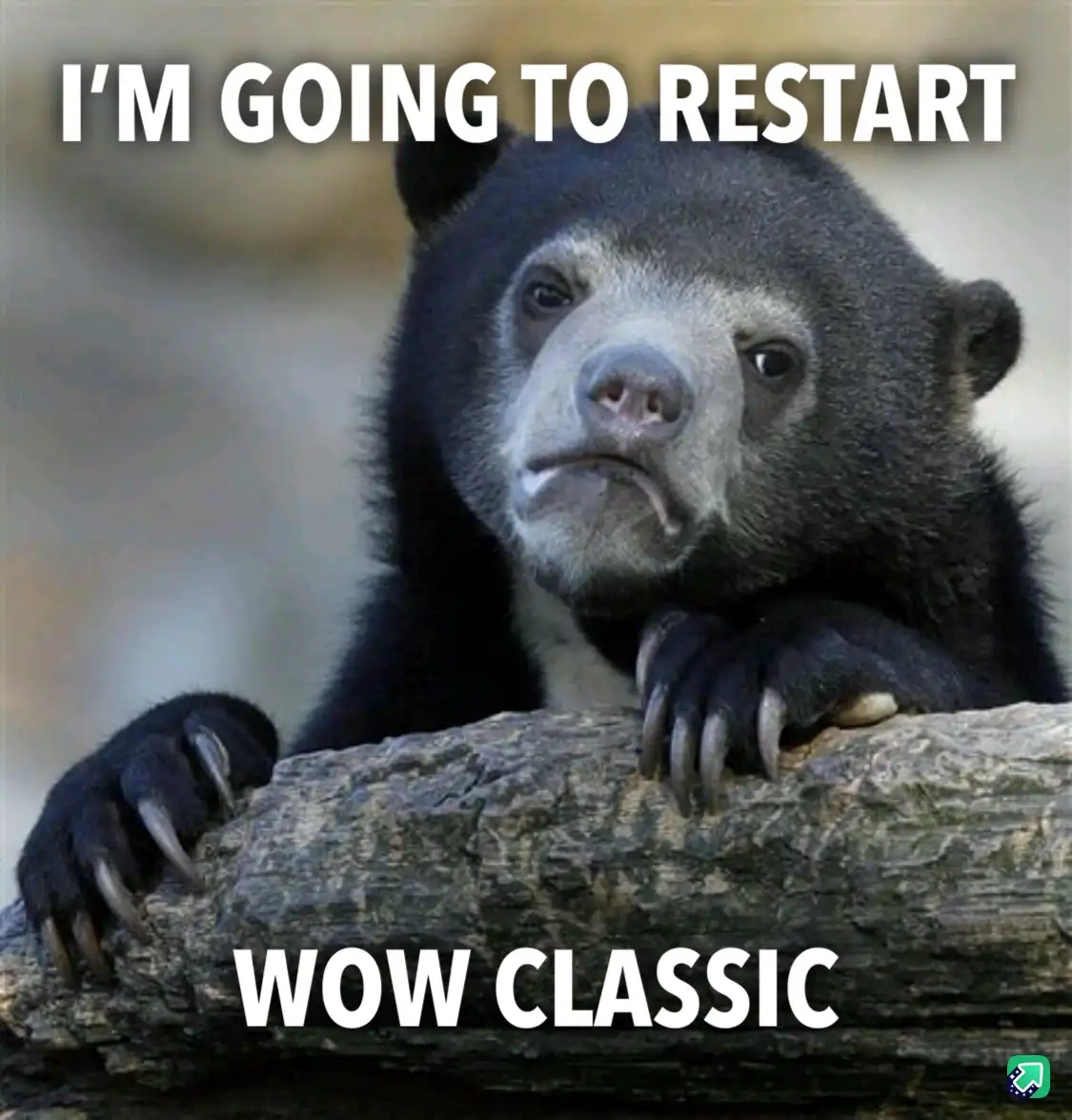 A close-up photo of a sad-looking spectacled bear resting its paws on a log, with white bold text overlaid at the top…