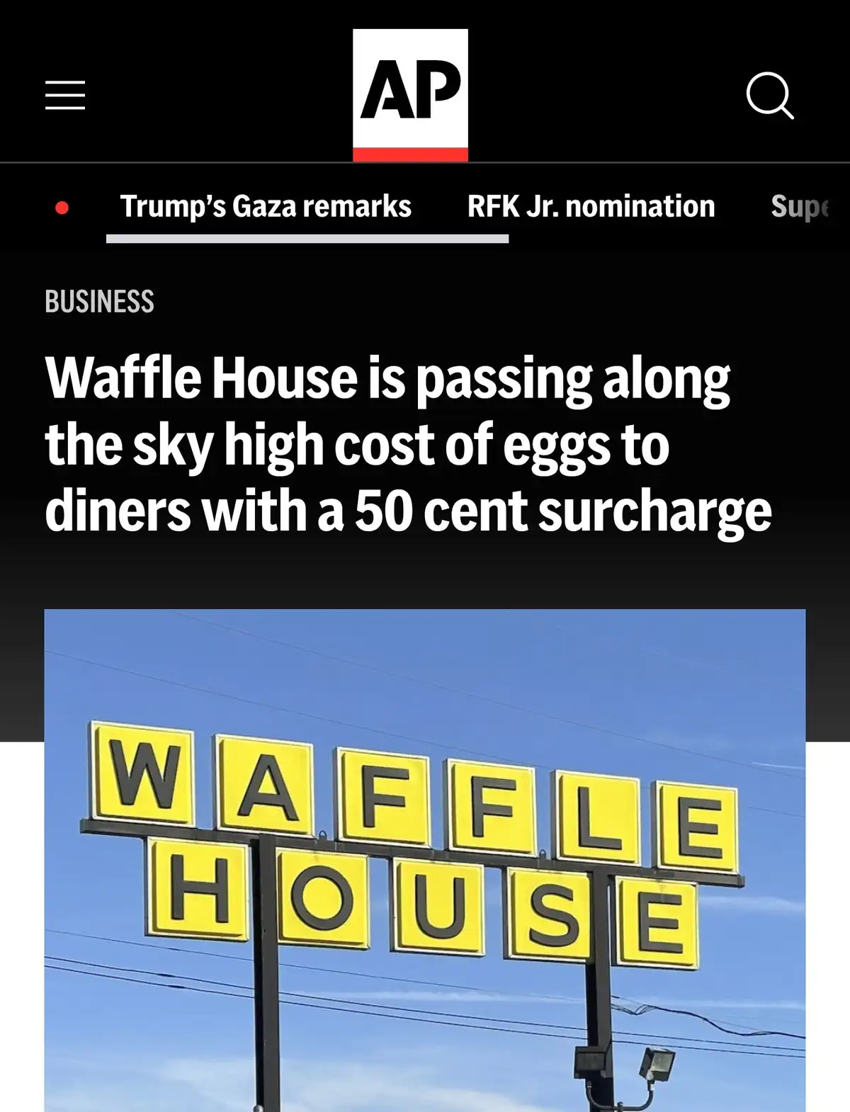 The image shows a screenshot of an Associated Press news article with a headline about Waffle House adding a 50-cent…