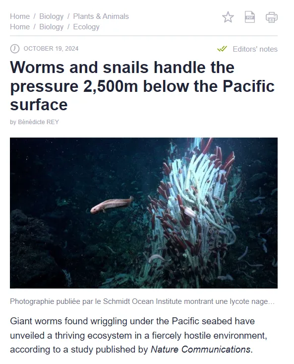 A screenshot of a Nature Communications news article about deep-sea worms and snails thriving 2,500m below the Pacific…