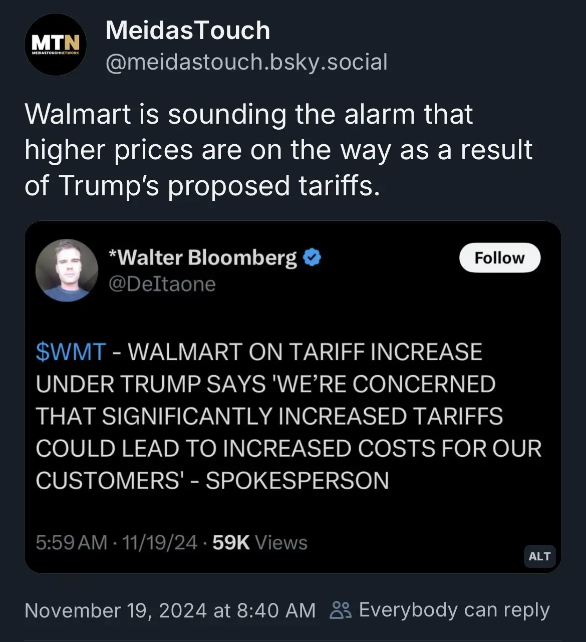 A screenshot of a social media post by 'MeidasTouch' featuring a tweet from a user named '*Walter Bloomberg' (@DeItaone)…
