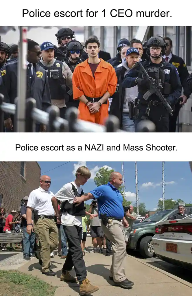 The top panel shows a young man in an orange jumpsuit being escorted by heavily armed NYPD officers, with the text 'Police…