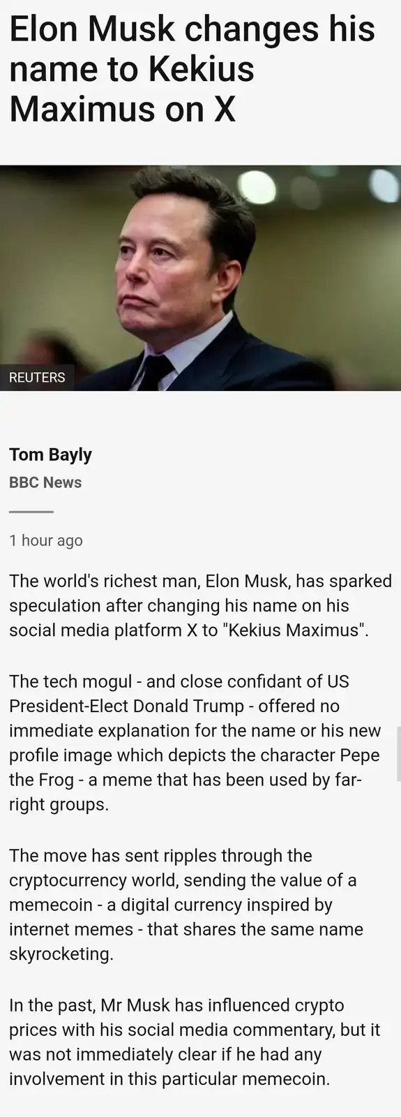 The image displays a screenshot of a BBC News article by Tom Bayly, featuring a photo of Elon Musk looking serious. The…