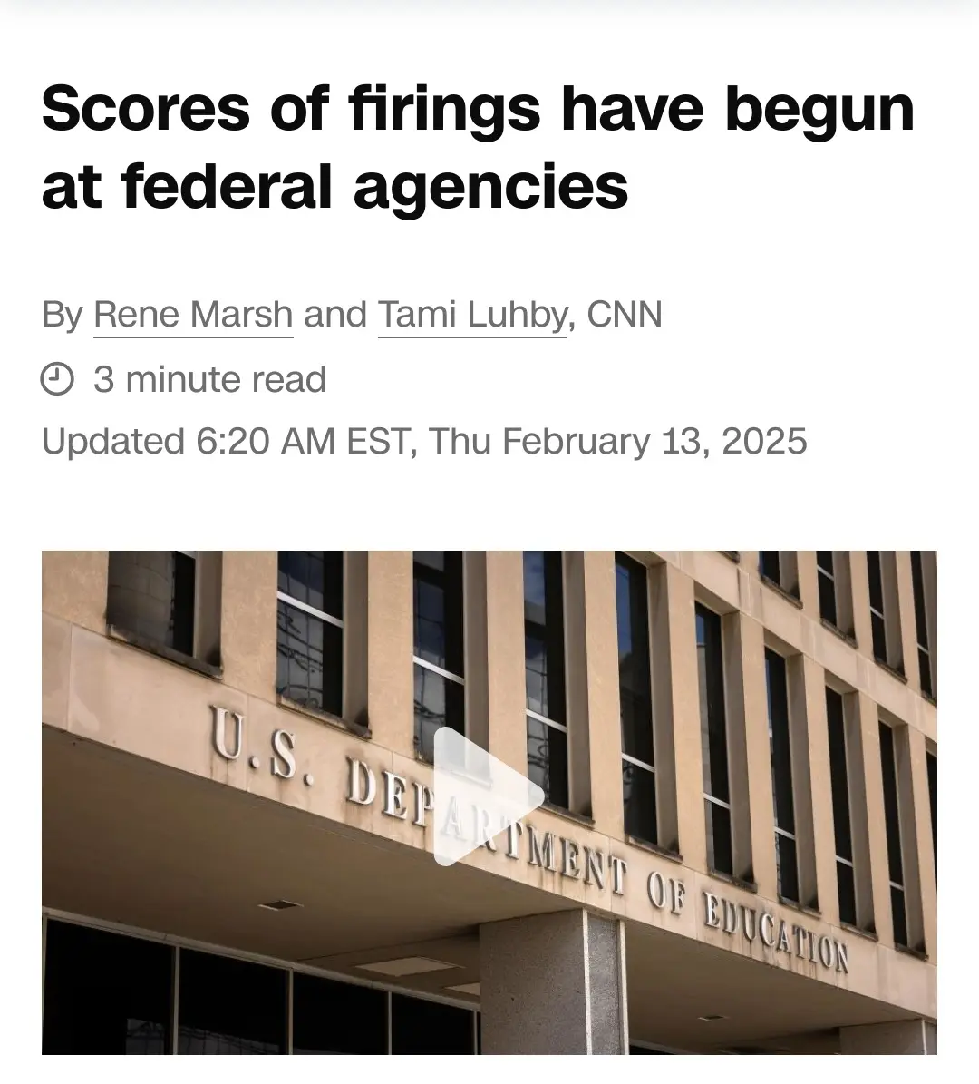 The image displays a screenshot of a CNN news article header with the headline 'Scores of firings have begun at federal…