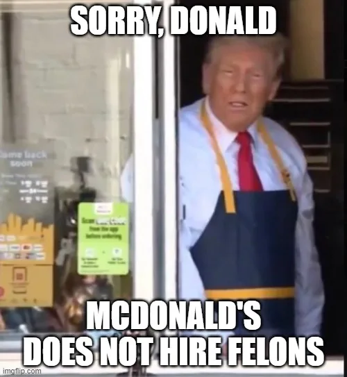 A man resembling Donald Trump, wearing a McDonald's apron over a shirt and tie, stands in a doorway. The image has bold…