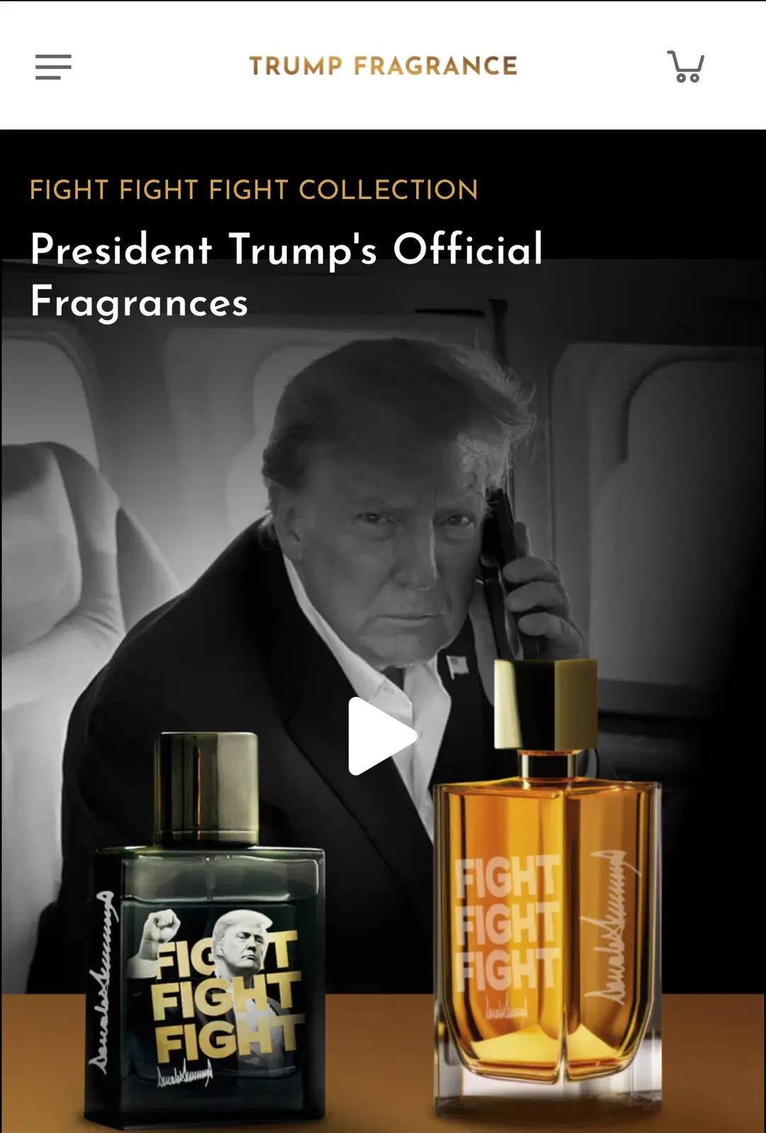A mock advertisement for 'Trump Fragrance' shows Donald Trump on a phone call in the background, with two perfume bottles…