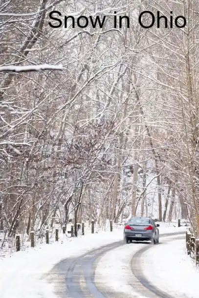 A snowy road winds through a forest of snow-covered trees, with a silver car driving away in the distance. The text 'Snow in…