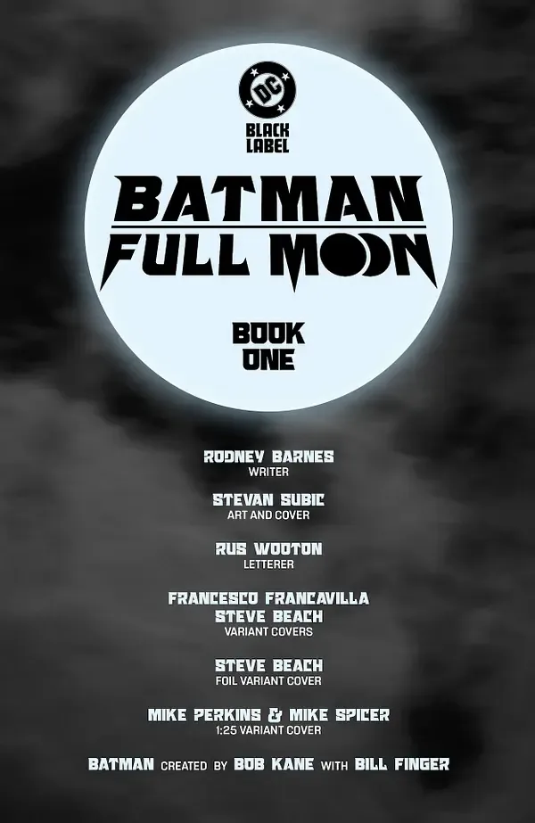 A comic book cover for 'Batman: Full Moon Book One' under DC Black Label, featuring a large full moon with the title…