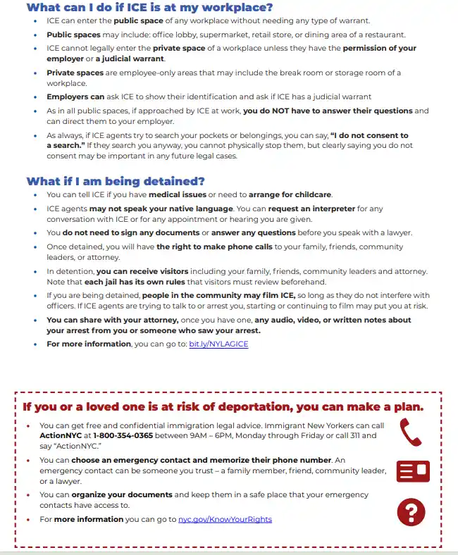 An informational flyer from Immigrant New Yorkers detailing rights when ICE is present at work or during detention…