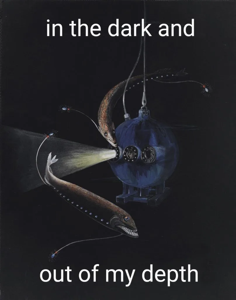 A dark, deep-sea scene shows a blue, spherical submersible with a bright spotlight beam shining forward. Two large, menacing…