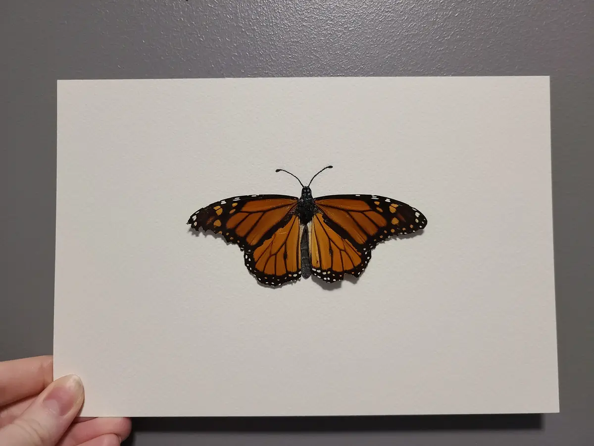 A hand holds a white card displaying a highly realistic painting of a monarch butterfly with orange wings, black veins, and…
