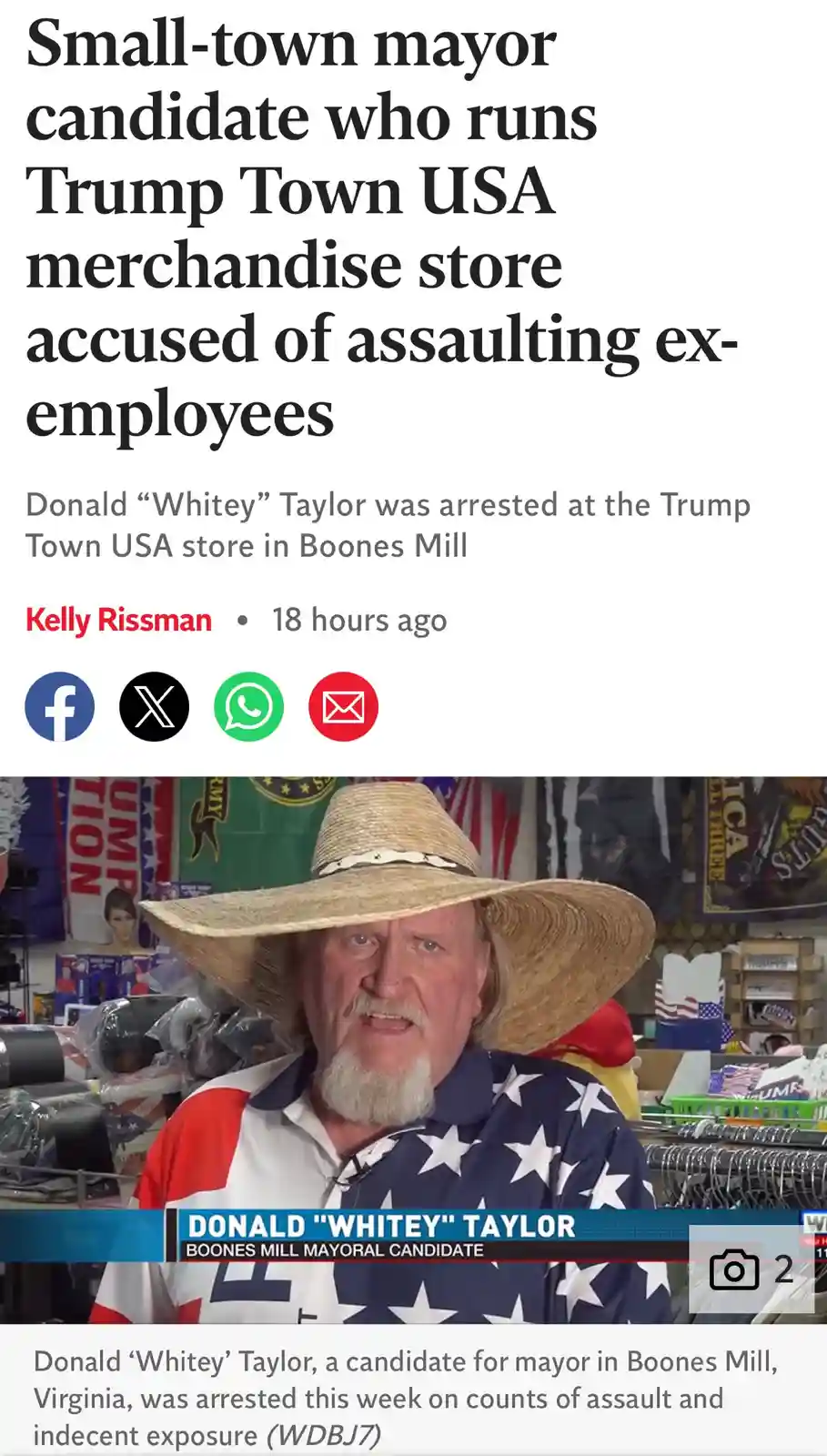 A news article screenshot shows a man with a white beard and straw hat wearing a red, white, and blue star-patterned shirt…