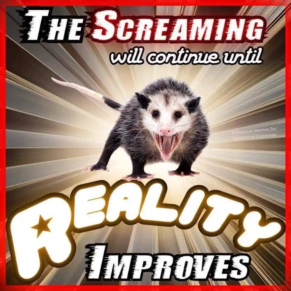An image of an angry-looking opossum with its mouth wide open, set against a radiating background with a red border. The…