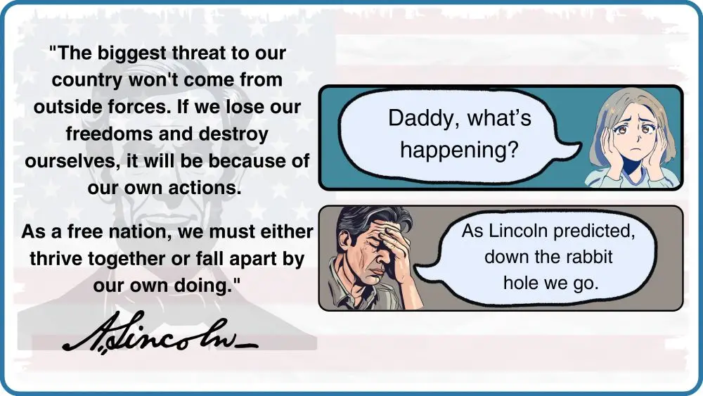 The image displays a cartoon-style comic strip with a child asking 'Daddy, what's happening?' and a father replying 'As…