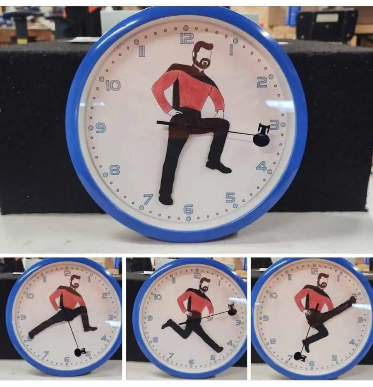 A clock with a cartoon man in a red shirt and black pants as the hour hand, shown in four panels. The top panel shows him…