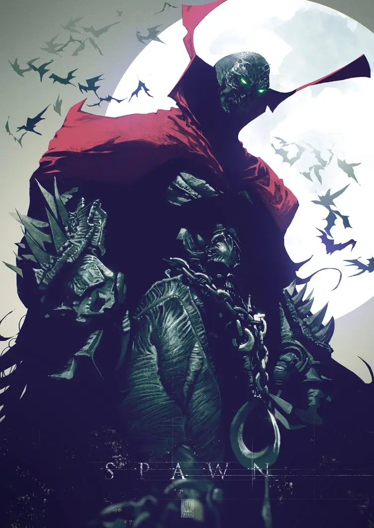 A dark, stylized illustration of the comic book character Spawn, depicted as a muscular, armored figure with glowing green…