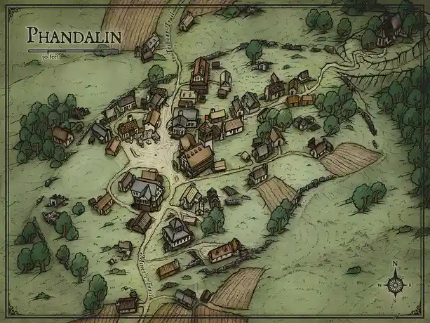 A hand-drawn fantasy map titled 'PHANDALIN' with a scale of '50 feet' and a compass rose, depicting a small village with…