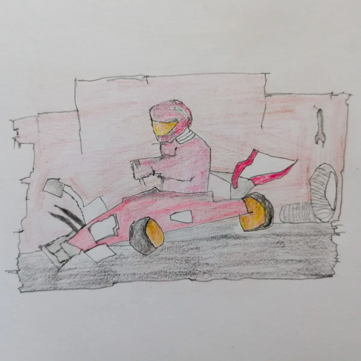 A child's crayon drawing shows a pink Power Ranger in a pink race car, sitting in a garage with tools and spare tires. The…