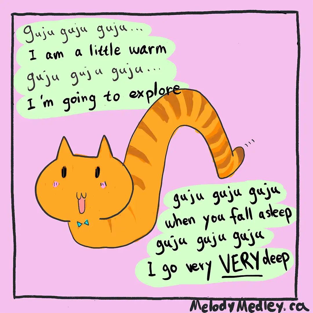 A cartoon orange tabby cat with a bowtie and a long arched tail is shown against a pink background. Two green speech bubbles…