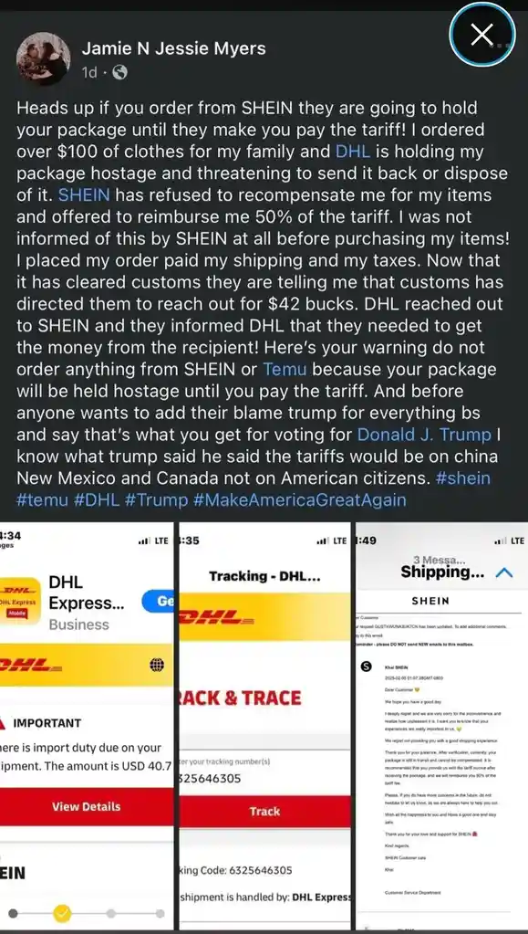 A social media post by Jamie N Jessie Myers shows three screenshots: a DHL notification about $40.70 import duty, a tracking…