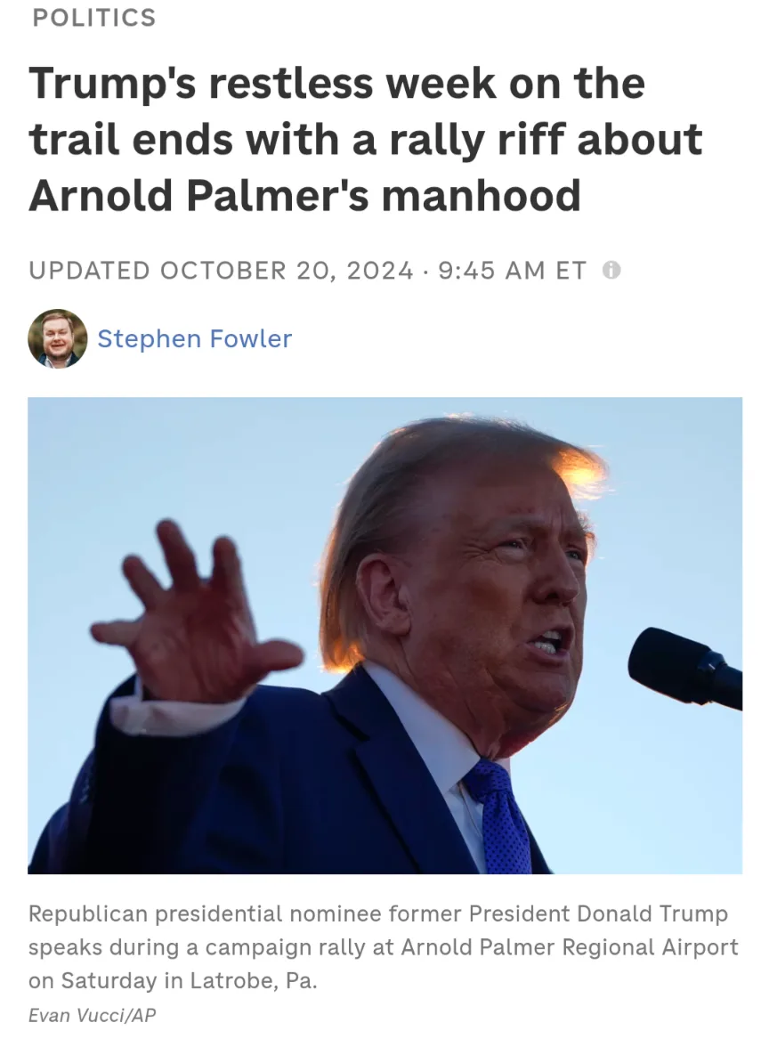 A news article screenshot shows former President Donald Trump speaking at a rally, gesturing with his hand. The headline…