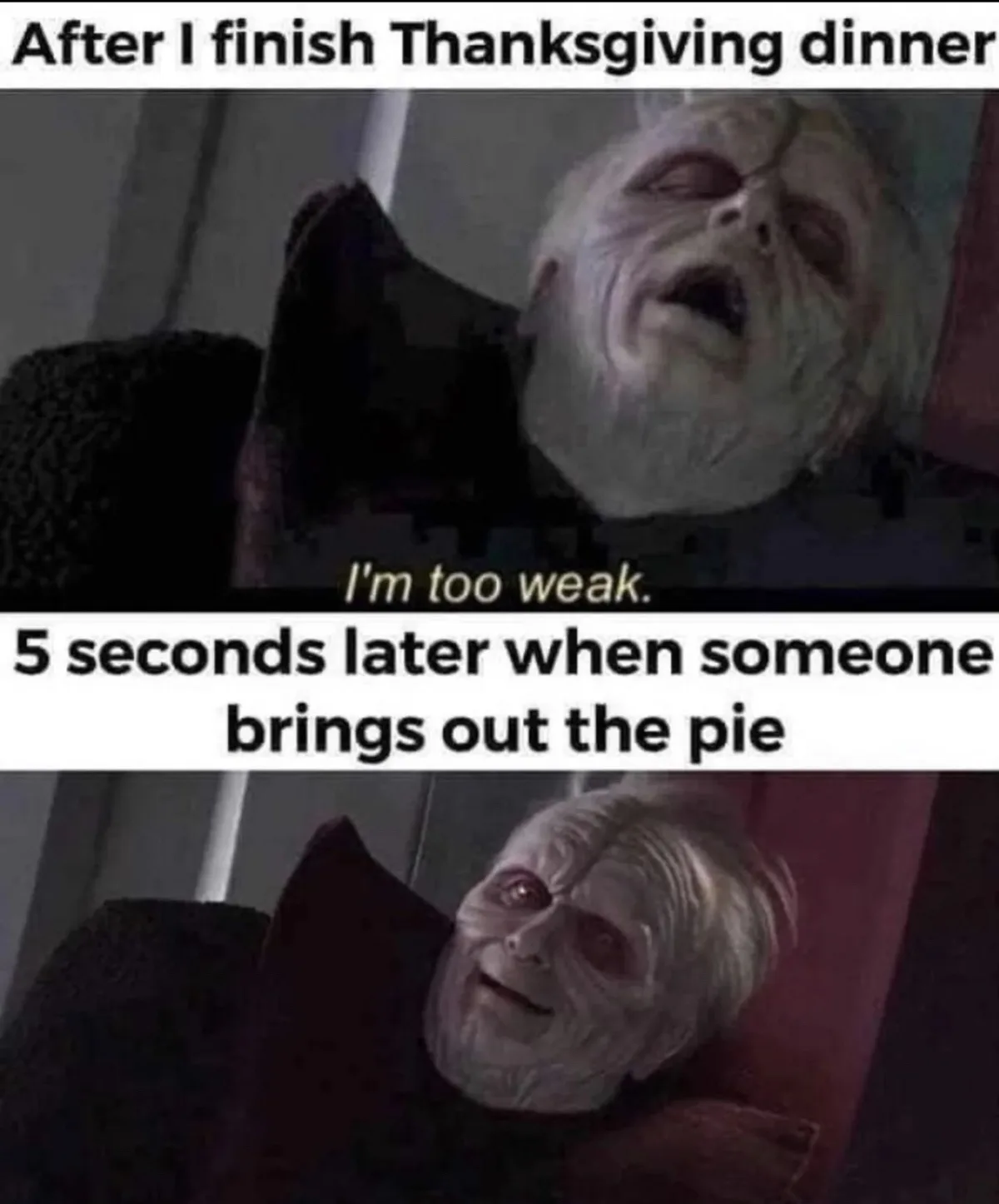 The meme features two panels of a pale, elderly woman with wrinkled skin and white hair. In the top panel, she is slumped…