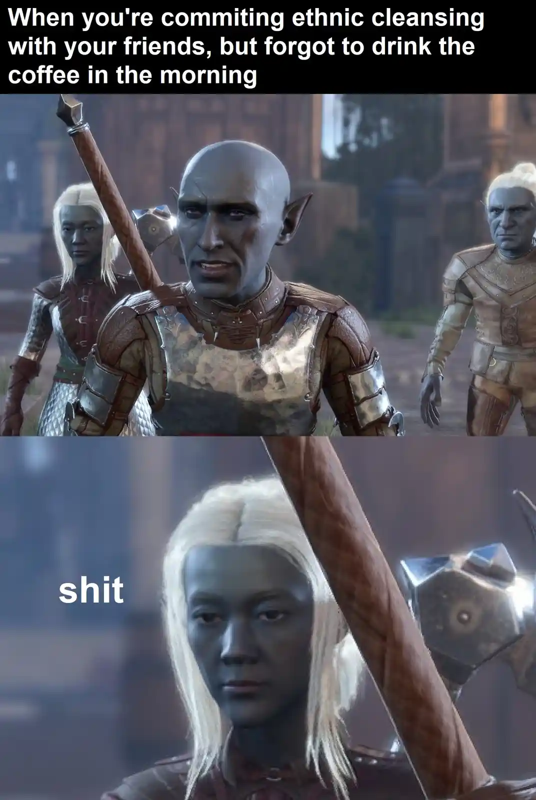The top panel shows three grey-skinned, pointed-eared fantasy characters in armor, with the central figure looking annoyed…