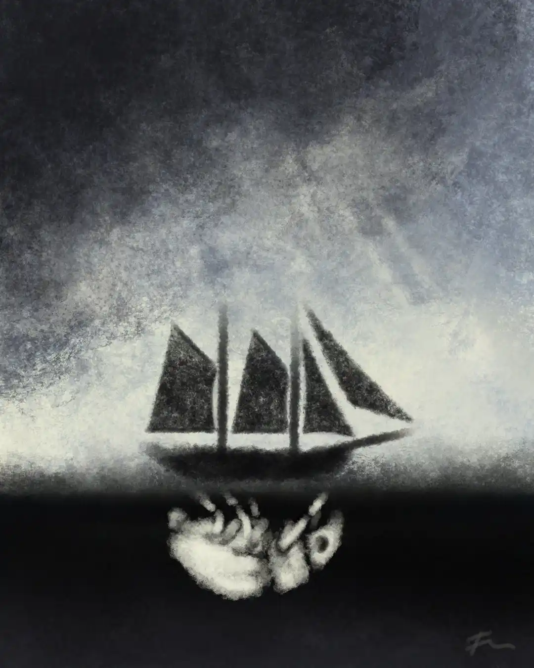 A grayscale artwork depicts a sailboat with three sails on calm water, its reflection below showing a distorted…