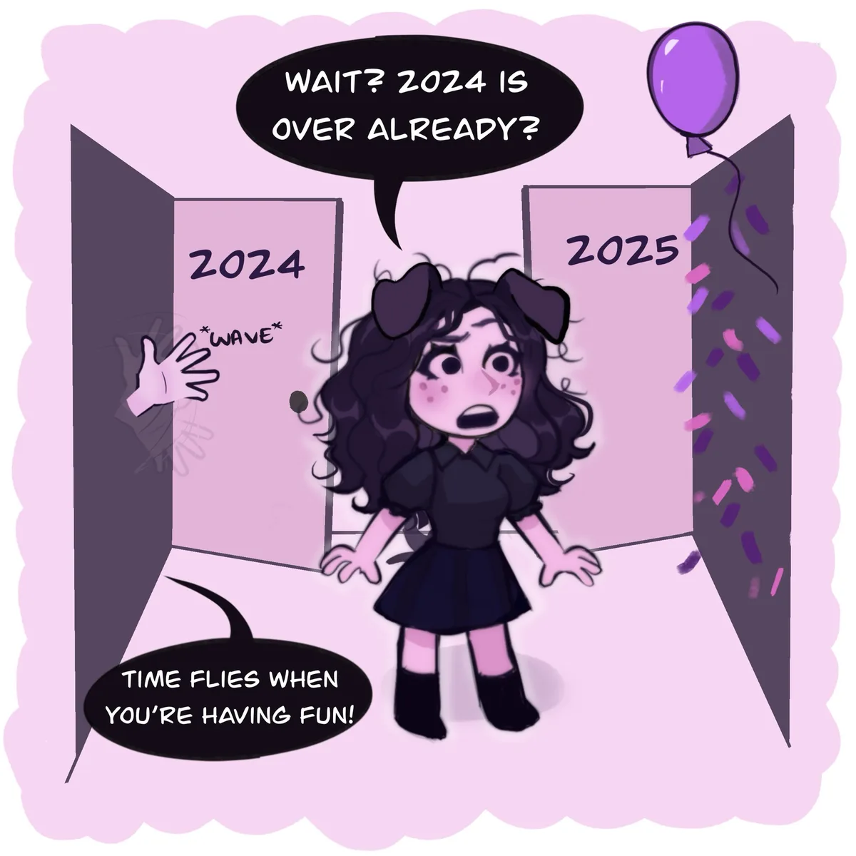 A cartoon girl with dark curly hair and bows stands in a doorway between two rooms labeled '2024' and '2025'. The 2024 room…