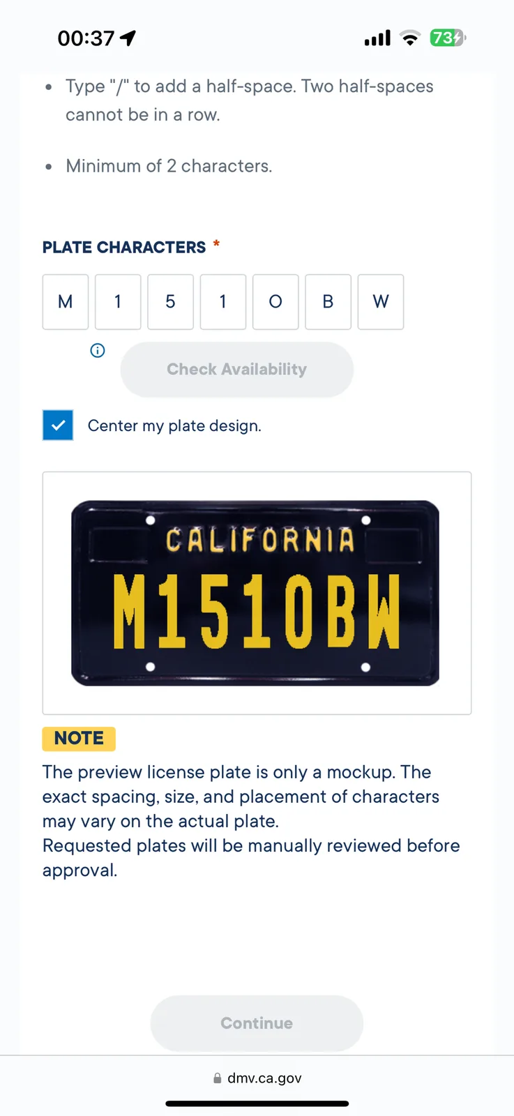 A screenshot of a California DMV license plate customization page shows the entered characters 'M1510BW' displayed on a…