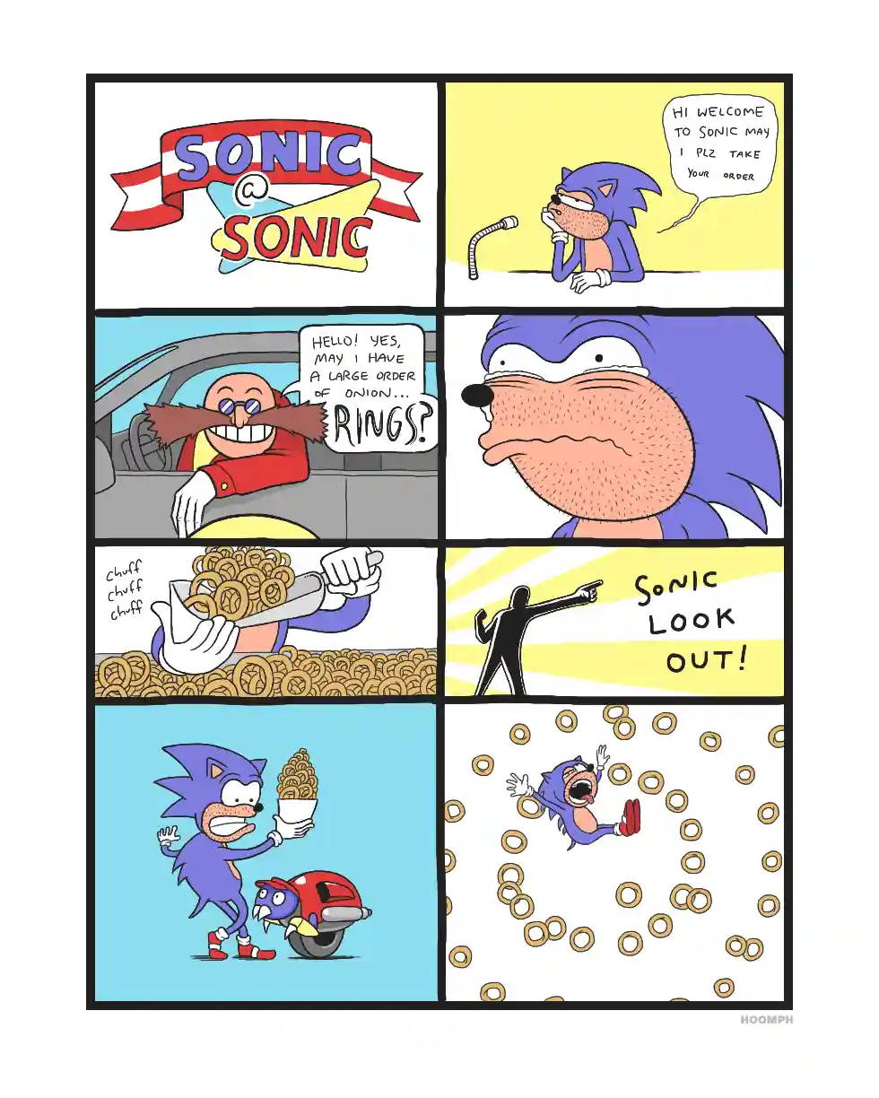 A six-panel comic strip parodying Sonic the Hedgehog, where Sonic works at a fast-food restaurant called 'Sonic @ Sonic'. A…