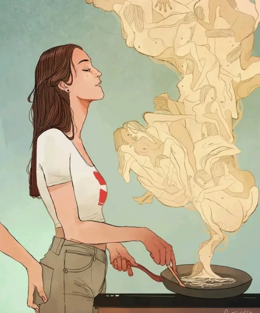 A woman in a white t-shirt and jeans stands at a stove, stirring a frying pan with a wooden spoon. From the pan, a large…