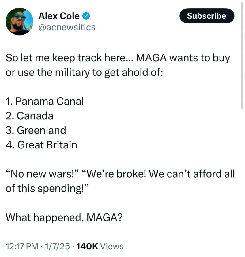 A screenshot of a Twitter post by Alex Cole (@acnewsitics) listing four items MAGA supposedly wants to acquire via military…