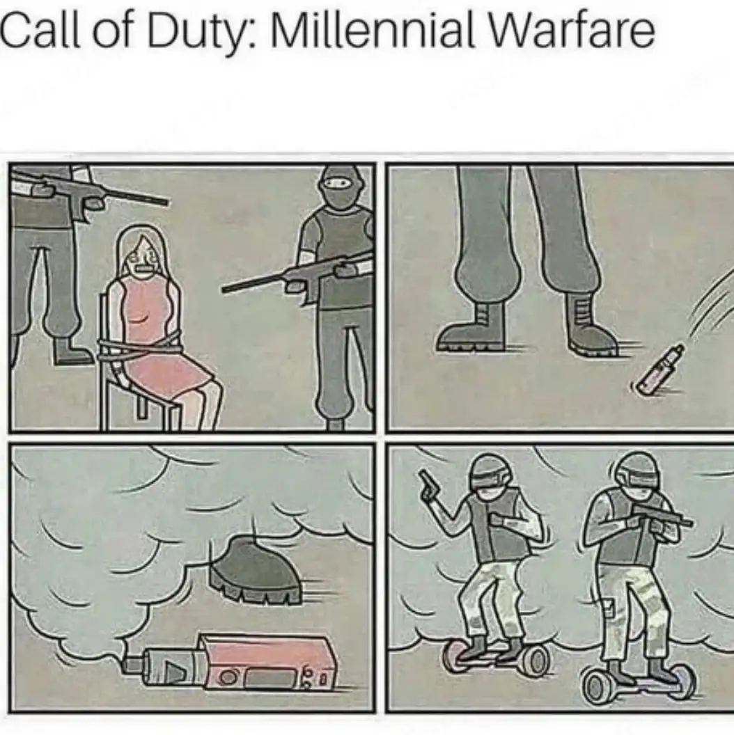 A four-panel comic strip parodying 'Call of Duty' with a millennial theme. Panel 1 shows a woman tied to a chair while armed…