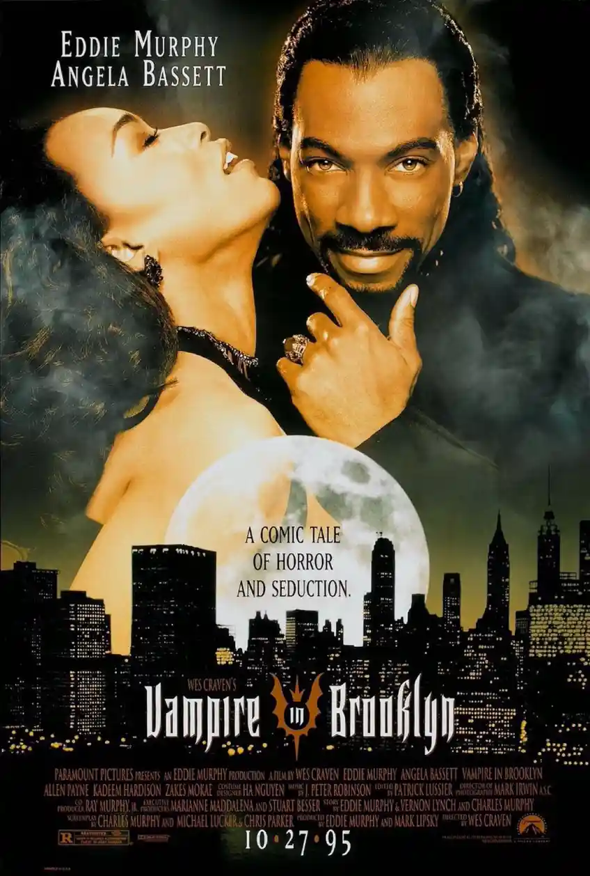 This is a movie poster for 'Vampire in Brooklyn' featuring Eddie Murphy and Angela Bassett in a romantic, vampire-themed…