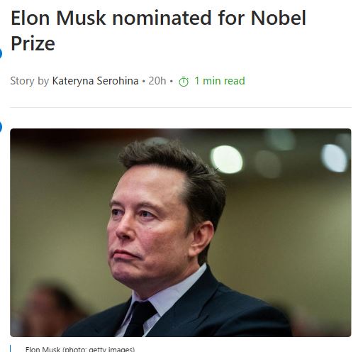 A screenshot of a news article headline reading 'Elon Musk nominated for Nobel Prize' with a photo of Elon Musk looking…
