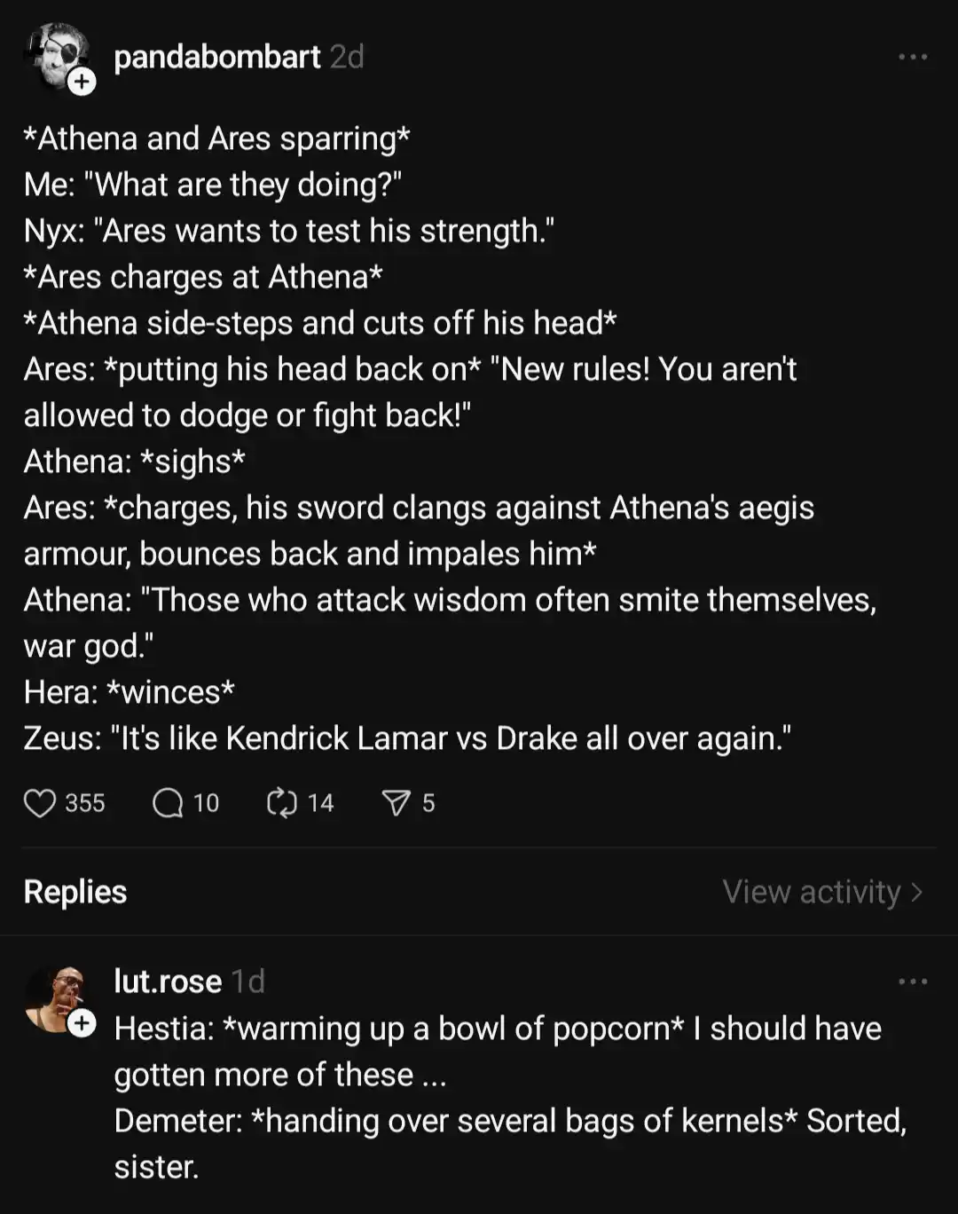 A screenshot of a social media post with white text on a black background, depicting a humorous, fictional battle between…