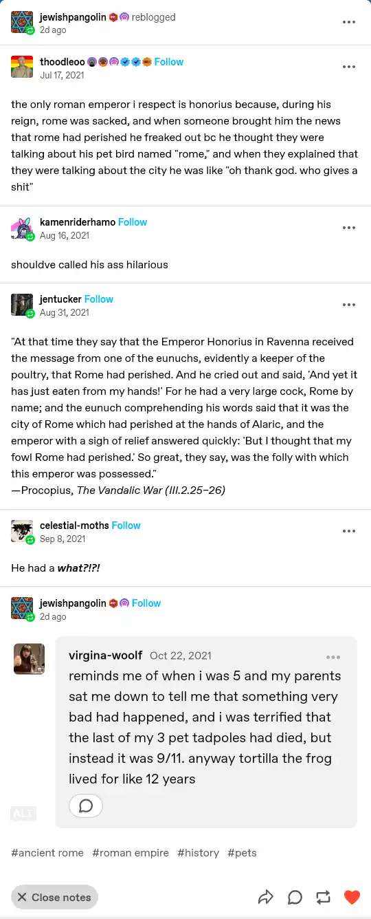A screenshot of a social media thread where a user recounts a historical anecdote about Emperor Honorius mistaking the fall…