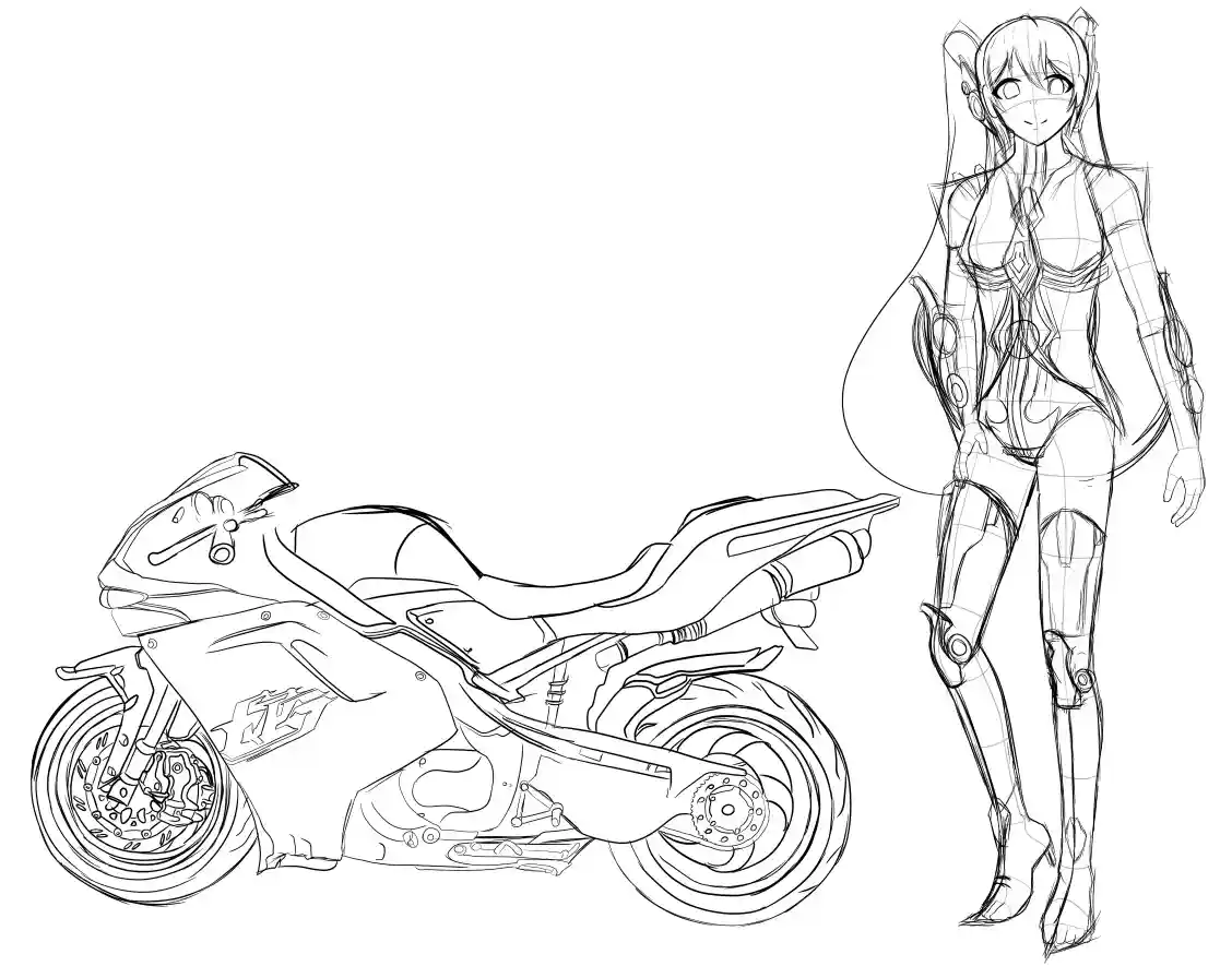 A black-and-white line art image shows a detailed sketch of a sport motorcycle on the left and a full-body anime-style…