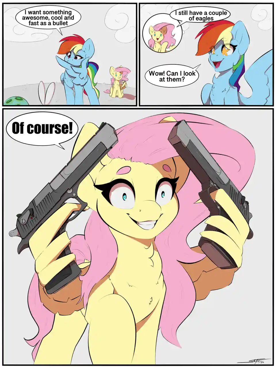 A three-panel comic featuring Rainbow Dash and Fluttershy from My Little Pony. In the first panel, Rainbow Dash asks for…