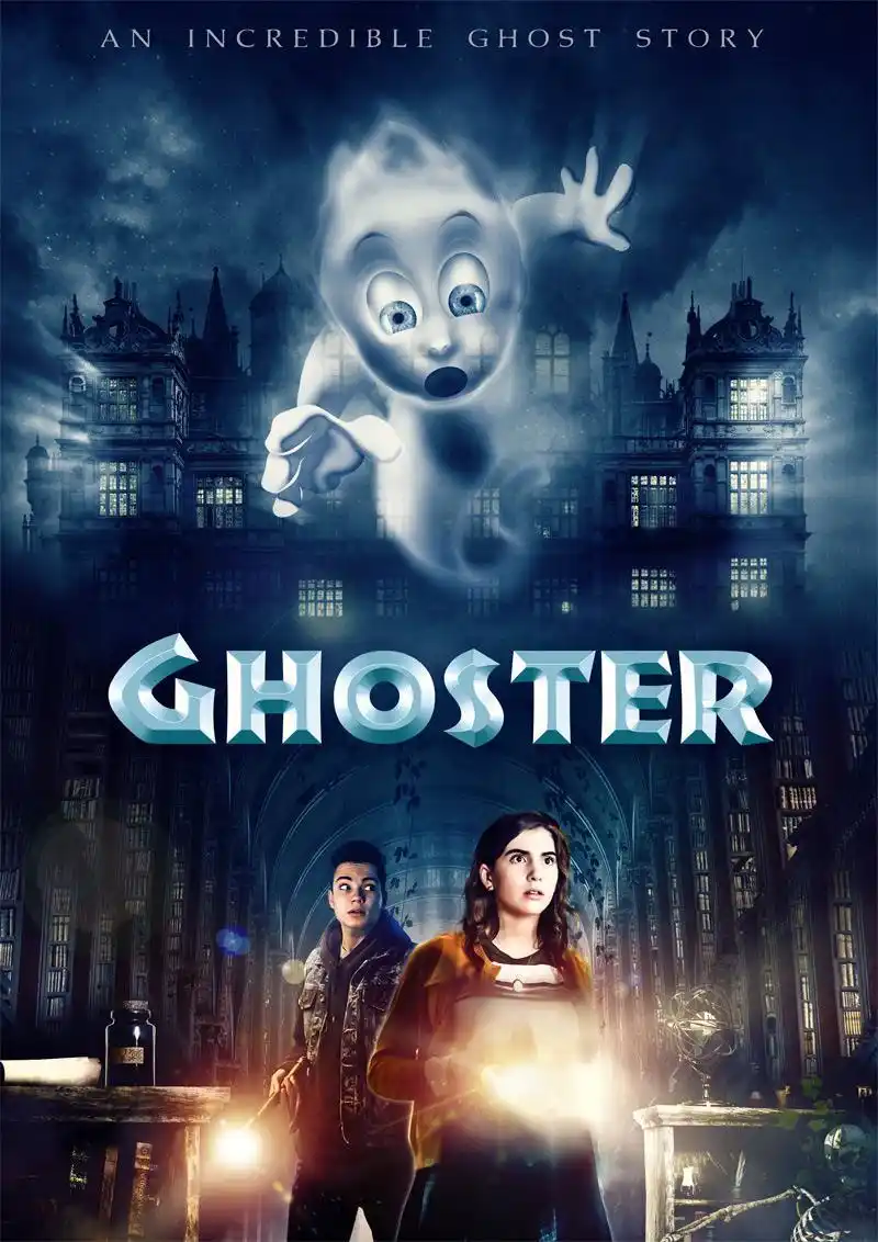 The image is a movie poster parody featuring a cartoonish, friendly-looking ghost floating above a gothic mansion. Below…