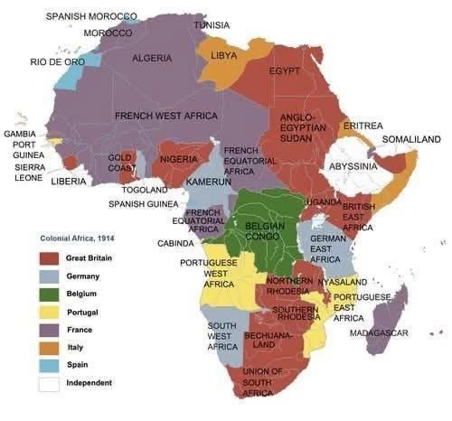 A historical map of Africa in 1914, color-coded by colonial power, showing territories like French West Africa, Belgian…