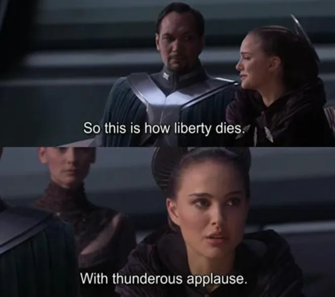 The image is a two-panel meme from the movie 'Star Wars: The Force Awakens'. The top panel shows a man and a woman in dark…