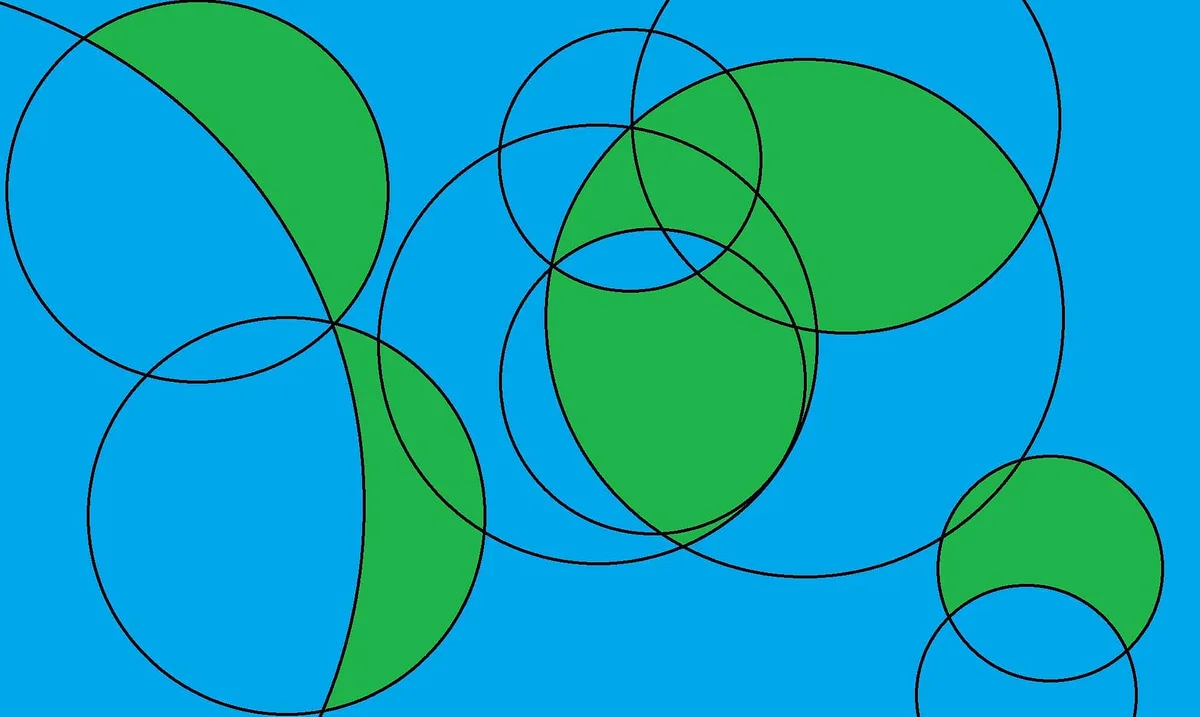 The image displays an abstract composition of overlapping black circles on a solid blue background, with some intersecting…