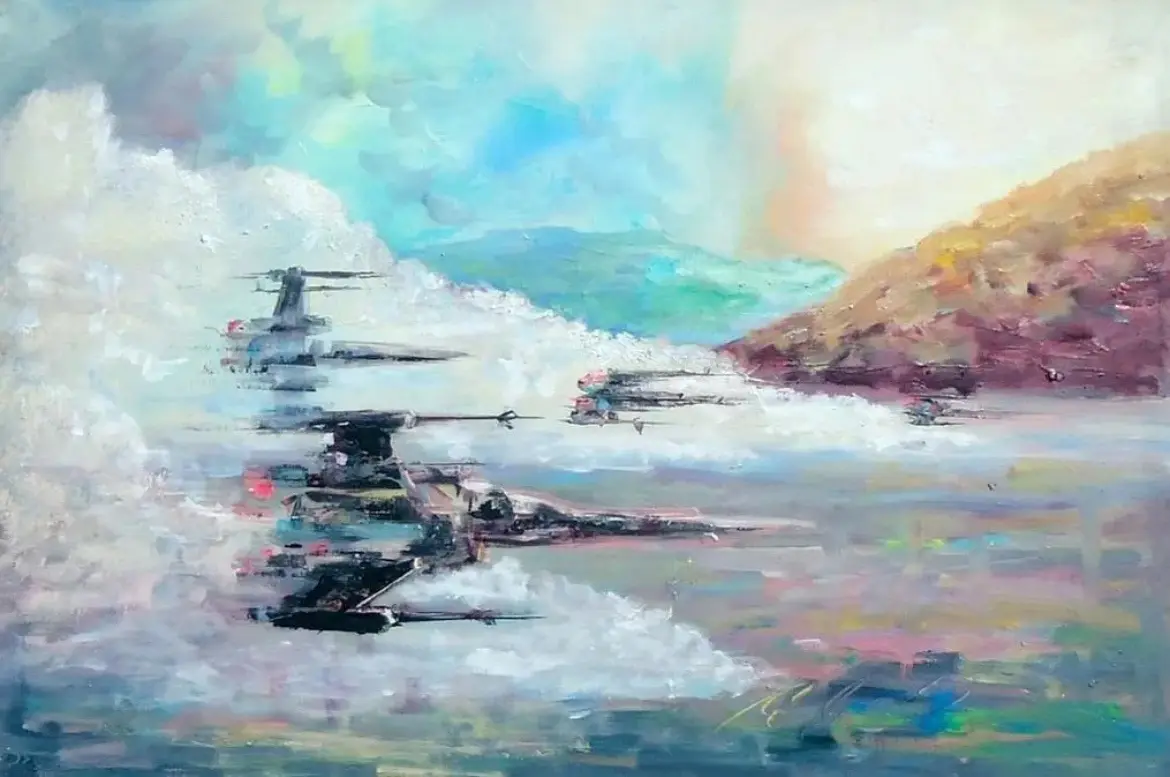 An impressionistic painting depicts several star destroyers flying through a cloudy sky over a hilly landscape, rendered in…