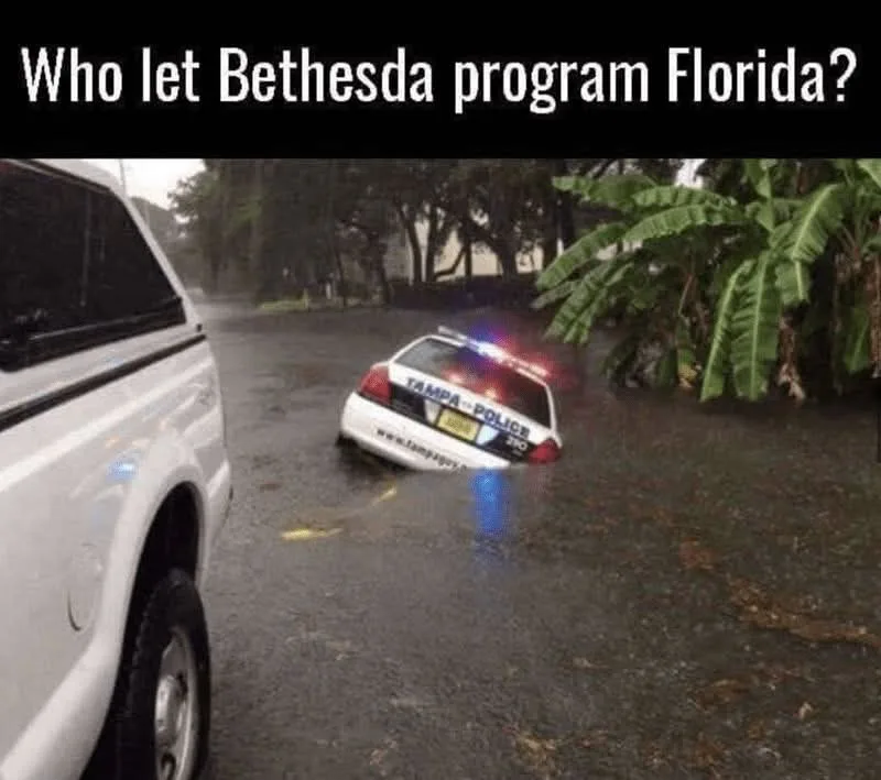 A Tampa Police car is partially submerged in floodwater on a street, with banana trees visible nearby. The overlaid text…