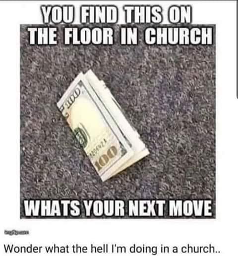 A stack of US $100 bills lies on a dark gray carpeted floor. White bold text at the top reads 'YOU FIND THIS ON THE FLOOR IN…