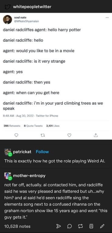 A screenshot of a Twitter thread where a user named 'soul nate' posts a fictional dialogue between Daniel Radcliffe and his…